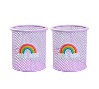 HBYMYDA Pen Holder Metal Mesh Pencil Holder Round Desk Tidy Pen Pot with Rainbow Pattern for Desk Office Pen Organizer Pink 2 Pack