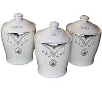 HCAA Tea Sugar Coffee Canister JAR Storage Set of 3 with Sparkling Crystal Diamante Elements (White)