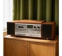 HCAUYNN Vintage CD/MP3/Cassette Player with FM Radio & Remote Control - Multimedia Center with Built-in Stereo Speakers, USB/AUX Input, Retro Wood Finish for Home Decor Wood