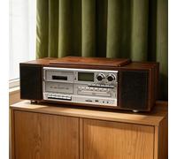 HCAUYNN Vintage CD/MP3/Cassette Player with FM Radio & Remote Control - Multimedia Center with Built-in Stereo Speakers, USB/AUX Input, Retro Wood Finish for Home Decor Brown