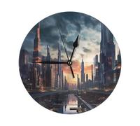 HCBPWVQA City Scape Wall Clock 10 Inch Silent Non-Ticking Modern Clocks Battery Operated - Analog Clock Classic Round Clocks Home Decor for Office Kitchen Living Room