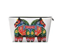 HCBPWVQA Leather Makeup Bag for Women Travel Toiletry Bag Runner Swedish Dala Horse Folk Cosmetic Bag Large Makeup Pouch with Zipper, Gold, One Size