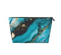 HCBPWVQA Leather Makeup Bag for Women Travel Toiletry Bag Turquoise Blue Gold Marble Cosmetic Bag Large Makeup Pouch with Zipper, Gold, One Size