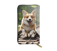 HCBPWVQA Leather Wallet for Women Men Clutch Wallets Money Case Large Credit Card Holder Corgi Dog Running on The Railroad Wallets with Zipper Phone Holder Long Travel Purse, Black, One Size, Casual