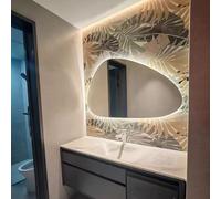HCBUTAE Smart Irregular Semicircle Lighting Bathroom Wall Mirror, LED Luminous Makeup Mirror, 6000K-4000K-3000K, Stepless Dimming, IP44 Waterproof, Explosion-proof, Decorative Home(70 * 50 cm)