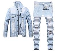 Hcclijo Light Blue Ripped Men's Denim Suit Two Piece Sets Side Slit Pocket Denim Coat Pants Denim Suit Jacket L Jeans 32