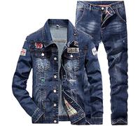 Hcclijo Men's Badge Patches Design Blue Denim Denim Suit Slim Couple Denim Suit Denim Suit Jacket XL Jeans 36
