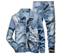 Hcclijo Men's Jeans Sets Jacket + Jeans Blue Two Piece Sets Tracksuit Mens Print Denim Trouser Denim Suit Jacket L Jeans 34