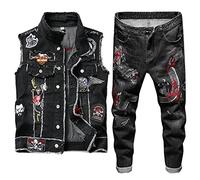 Hcclijo Men's Sets Punk Style Embroidery Eagle Head Denim Vest + Embroidery Dragon Stretch Slim Jeans Denim Suit Jacket M Jeans 33