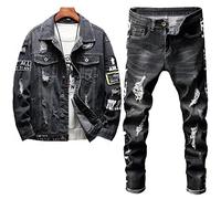 Hcclijo Men's Sets Slim-Fit Denim Suit Badges Denim Coat + Stretch Pants 2 Piece Set Denim Suit Jacket M Jeans 30