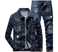 Hcclijo Men's Sets Spring Autumn Letter Star Print Denim Jacket + Pants Slim Couple Jeans Suit Denim Suit Jacket 2XL Jeans 36