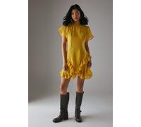 HCD Dobby Chiffon Lace Trim Ruffle Mini Dress Warehouse Mustard 8