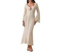 HCDZF Crochet Beach Maxi Dress Women's Sexy Knitted Hollow Bikini Swimsuit Cover-Up Sun Protection Dress,Beige,S
