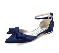 HCDZF Elegant Bow Pointed Toe Flats, Women's Satin Bridal Wedding Shoes Low Heel Dress Shoes for Evening Gala, Cocktail, Prom,Dark Blue,4 UK