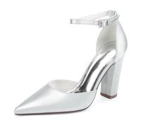 HCDZF Women's Ankle Strap Wedding Shoes Satin Pointed Toe Block Heels Bridal Pumps for Bride, Bridesmaid, Prom, Formal Party,Silver,6.5 UK