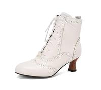 HCDZF Women's Victorian Boots Chunky Heeled Ankle Booties Retro Lace Up Witch Riding Knight Shoes,White,7.5 UK