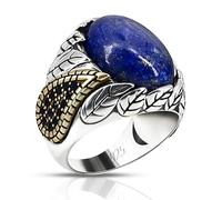 HCGX 925 Silver Lapis Lazuli Ring - Natural Blue Stone, Oval Bezel Set, Handmade Leaf(10)