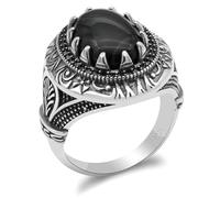 HCGX 925 Silver Men's Ring with Natural Black Agate Stone - Oval Prong Set Turkish Cocktail(10)