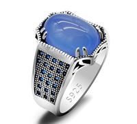 HCGX 925 Silver Men's Ring with Natural Blue Agate Stone - Turkish Style Accent Prong Set Lucky Gift(12)