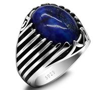 HCGX 925 Silver Men's Ring with Natural Blue Lapis Lazuli Stone - Classic Oval Bezel Set Turkish Anniversary Jewelry Gift(9)