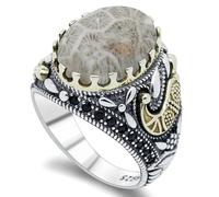 HCGX 925 Silver Men's Ring with Natural Irregular Agate Stone - Turkish Style Prong Set Black Accent Jewelry Gift(7)