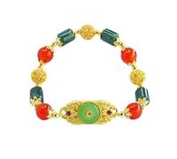HCGX Jade Bracelet for Women - Type A Jadeite Link Chain with 7mm Lanshui Barrel Beads, Red Agate & Peace Buckle, Retro Fengshui Jewelry Gift Box