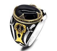 HCGX Men's 925 Silver Black Agate Ring, Turkish Double with Side Stones(Black,10)