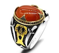 HCGX Men's 925 Silver Black Ring, Turkish Handcrafted Jewelry with Side Stones(Red,10)