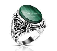 HCGX Men's 925 Silver Ring with Natural Green Malachite Stone - Handmade Oval Bezel Set,Hip Hop Rock Style(10)