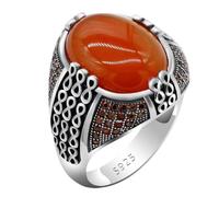 HCGX Men's 925 Silver Ring with Natural Oval Lapis Stone - Handmade Oxidized Turkish Style Statement for Him(Red,11)