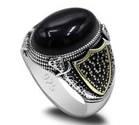 HCGX Men's Handmade 925 Silver Ring - Natural Black Agate, Oval Bezel Set, Accents, Classic Turkish Style(9)