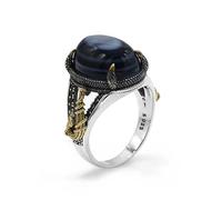 HCGX Men's Solid 925 Silver Evil Eye Agate Ring with Black CZ & Brass Accents - Turkish Style Statement Band for Him(8)