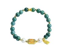 HCGX Real Jade Bracelet for Women - Type A Blue Water Jadeite Beaded with Pearl and Fu Wealth Charm for Good Luck Fengshui, 7mm