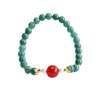 HCGX Real Jade Bracelet for Women - Type A Green Beaded with Red Agate Charm for Good Luck Wealth, 6mm Stretch Jewelry for Meditation Yoga