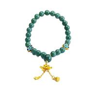 HCGX Real Jade Bracelet for Women - Type A Jadeite Bangle Stretch with 7mm Lanshui Green Beads & Charm, Fengshui Good Luck Jewelry