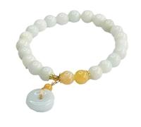 HCGX Real Jade Bracelet for Women - Type A Myanmar Jadeite Beaded with Ping An Kou Coin Charm for Good Luck Fengshui Wealth, 8mm