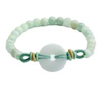 HCGX Real Jade Bracelet for Women - Type A Myanmar Jadeite Beaded with Ping An Kou Coin Charm for Good Luck Fengshui Wealth, 6mm
