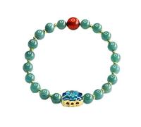 HCGX Real Jade Bracelet for Women - Type A Myanmar Jadeite Elastic Bangle with 6.8mm Lanshui Beads, Blood Amber & Blue Charm, Gift Box Included