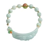 HCGX Real Jade Bracelet for Women - Type A Myanmar Jadeite Pixiu Plaque Charm with Enamel Fu Bead for Good Luck Fengshui Wealth, 8mm
