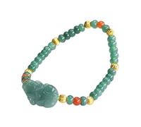 HCGX Real Jade Bracelet for Women - Type A Myanmar Jadeite Stretch Bangle with 5mm Abacus Beads & Carved PiXiu Wealth Charm, Fengshui Good Luck Gift Box