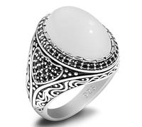 HCGX S925 Silver Men's Ring with Natural White Agate Stone - Classic Bezel Set Black Accent Turkish Handmade Gift(10)