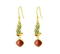 HCGX White Jade Earrings for Women Enamel Dangle Gold Plated Silver Red Agate Peacock Drop(Red)
