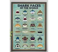 HCHANA Sharks Knowledge Poster, Funny Retro Metal Tin Sign Shark Faces of The World, 8'x12' Unframed Wall Art Decorative Crafts