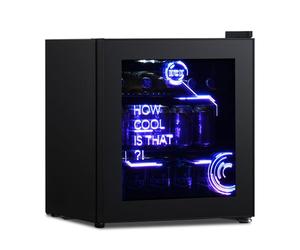 HCK 48L Mini Fridge with Glass Door, Quiet 39dB, Cyberpunk Beer Fridge with Modern LED Lighting, Drinks Fridges Gaming Refrigerators, 0-15°C Precise Control, for Bedrooms, Gaming Room, Parties, Black