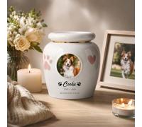 HCLRIU Personalized Ceramic Pet Urn with Photo Name for Dogs Cats (Round)