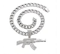 HCMA Hip Hop AA Cubic Zirconia Setting Bling Ice Out AK 47 Gun Model Pendants Necklace for Men Rapper Jewelry Gift (Silver Plated,46cm)