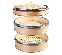 Hcooker 2 Tier Kitchen Wood Steamer with Double Stainless Steel Banding for Asian Cooking Buns Dumplings Vegetables Fish Rice