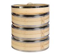 Hcooker 3-Tier Kitchen Bamboo Steamer with Stainless Steel Rings for Asian Cooking | Sauce Dish & 2-Chopsticks & 3 Liners | Buns Dumplings Vegetables Fish Rice