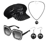 HcrYen Abba Accessories, Fancy Dress, 4 PCS Abba Fancy Dress Costume, with Black Sequins Hat, Full Diamond Glasses, Earrings and Necklace, Perfect for Retro Parties and Theme Events