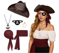 HcrYen Pirate Accessories, 6-Piece Pirate Costume Set for Adults, Pirates Hat Eye Patch Headscarf Belt Necklace and Earrings, Fancy Dress for Halloween, Cosplay and Pirates Themed Parties